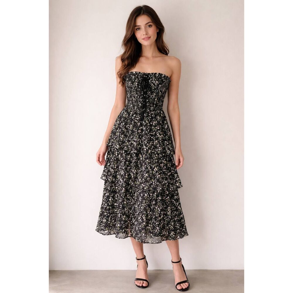 Vici x Gina Black Floral Ruffle Strapless Tube Midi Sundress Small Boho Festival